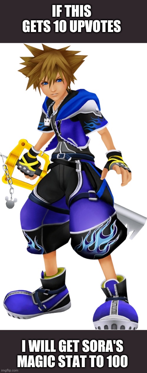 wisdum | IF THIS GETS 10 UPVOTES; I WILL GET SORA'S MAGIC STAT TO 100 | image tagged in kingdom hearts,memes,fun | made w/ Imgflip meme maker