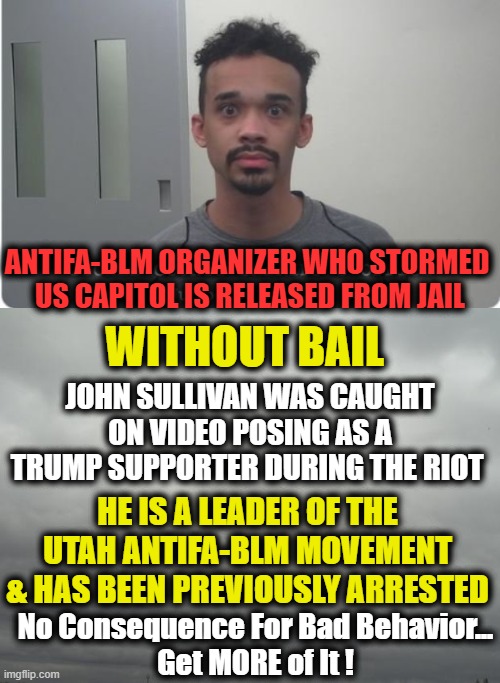 Lack of Consequence Leads to More Criminality | ANTIFA-BLM ORGANIZER WHO STORMED 
US CAPITOL IS RELEASED FROM JAIL; WITHOUT BAIL; JOHN SULLIVAN WAS CAUGHT ON VIDEO POSING AS A TRUMP SUPPORTER DURING THE RIOT; HE IS A LEADER OF THE UTAH ANTIFA-BLM MOVEMENT & HAS BEEN PREVIOUSLY ARRESTED; No Consequence For Bad Behavior...
Get MORE of It ! | image tagged in politics,liberalism,democratic socialism,crime,punishment | made w/ Imgflip meme maker