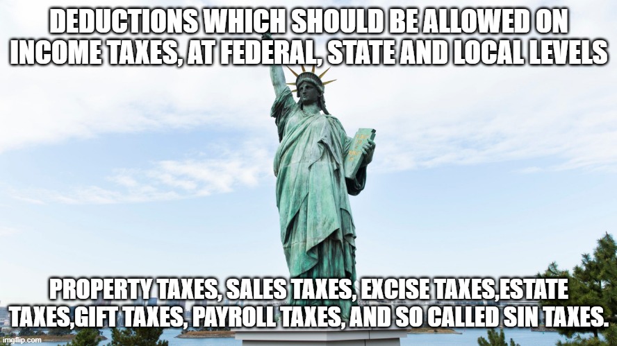 LIBERTY | DEDUCTIONS WHICH SHOULD BE ALLOWED ON INCOME TAXES, AT FEDERAL, STATE AND LOCAL LEVELS; PROPERTY TAXES, SALES TAXES, EXCISE TAXES,ESTATE TAXES,GIFT TAXES, PAYROLL TAXES, AND SO CALLED SIN TAXES. | image tagged in liberty | made w/ Imgflip meme maker