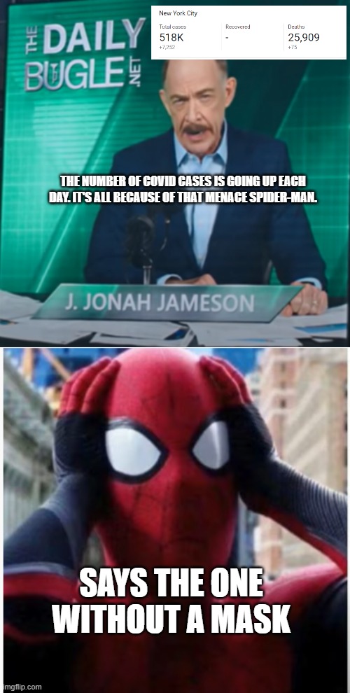 Spider Man against covid | THE NUMBER OF COVID CASES IS GOING UP EACH DAY. IT'S ALL BECAUSE OF THAT MENACE SPIDER-MAN. SAYS THE ONE WITHOUT A MASK | image tagged in spiderman,meme | made w/ Imgflip meme maker