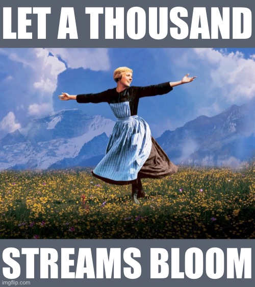 The meme stream model is a successful one. | LET A THOUSAND; STREAMS BLOOM | image tagged in maria sound of music,meme stream | made w/ Imgflip meme maker