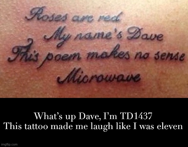 Laughing is My Favorite! | What’s up Dave, I’m TD1437
This tattoo made me laugh like I was eleven | image tagged in funny memes,tattoos,bad poetry | made w/ Imgflip meme maker