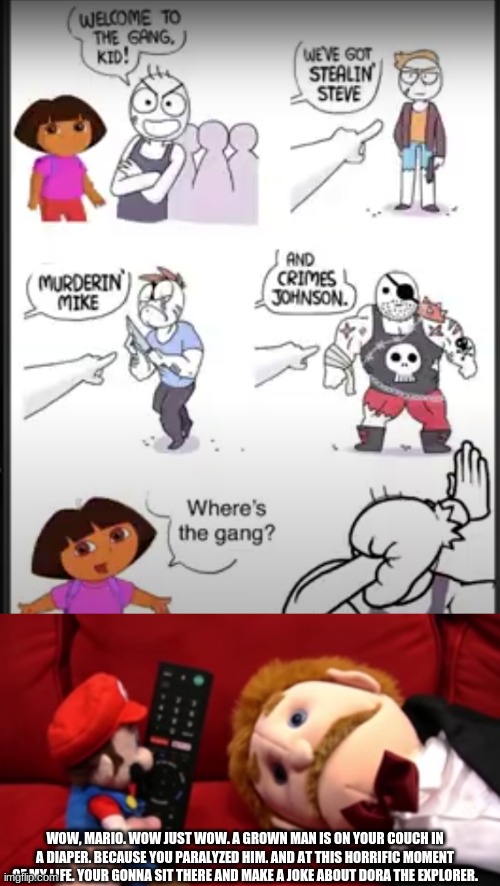 The best meme ever. | WOW, MARIO. WOW JUST WOW. A GROWN MAN IS ON YOUR COUCH IN A DIAPER. BECAUSE YOU PARALYZED HIM. AND AT THIS HORRIFIC MOMENT OF MY LIFE. YOUR GONNA SIT THERE AND MAKE A JOKE ABOUT DORA THE EXPLORER. | image tagged in sml,dora | made w/ Imgflip meme maker