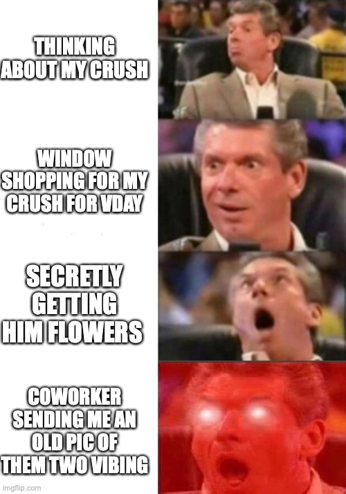 Mr. McMahon reaction | THINKING ABOUT MY CRUSH; WINDOW SHOPPING FOR MY CRUSH FOR VDAY; SECRETLY GETTING HIM FLOWERS; COWORKER SENDING ME AN OLD PIC OF THEM TWO VIBING | image tagged in mr mcmahon reaction | made w/ Imgflip meme maker