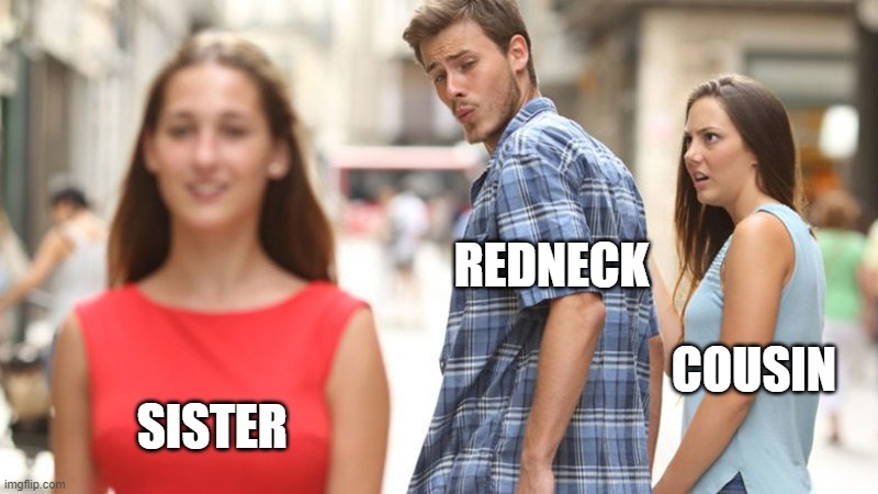 down south | REDNECK; COUSIN
 SISTER | image tagged in redneck,hillbilly,cousin,sister,incest | made w/ Imgflip meme maker