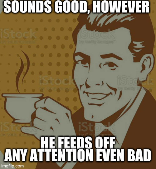 when twitter doesn't work | SOUNDS GOOD, HOWEVER; HE FEEDS OFF ANY ATTENTION EVEN BAD | image tagged in mug approval | made w/ Imgflip meme maker