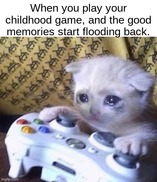 Wholesome, isn't it? | When you play your childhood game, and the good memories start flooding back. | image tagged in sad gaming cat,wholesome,memes | made w/ Imgflip meme maker