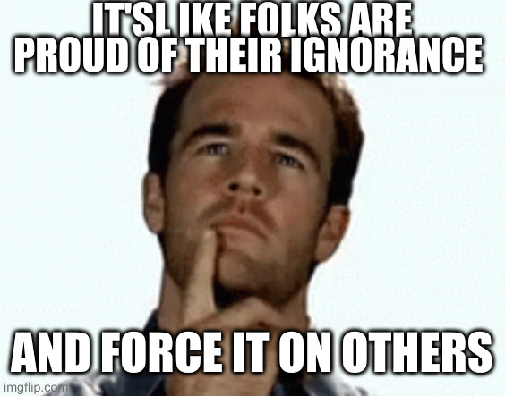 interesting | IT'SL IKE FOLKS ARE PROUD OF THEIR IGNORANCE; AND FORCE IT ON OTHERS | image tagged in interesting,others | made w/ Imgflip meme maker