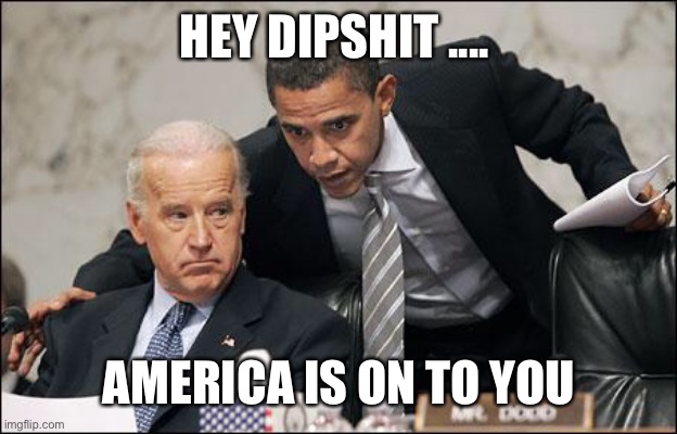 Obama coaches Biden | HEY DIPSHIT .... AMERICA IS ON TO YOU | image tagged in obama coaches biden | made w/ Imgflip meme maker