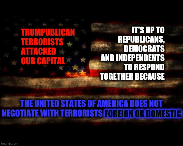 We Are United Against Terrorists : Foreign And Domestic | IT'S UP TO REPUBLICANS, DEMOCRATS AND INDEPENDENTS TO RESPOND TOGETHER BECAUSE; TRUMPUBLICAN TERRORISTS ATTACKED OUR CAPITAL; THE UNITED STATES OF AMERICA DOES NOT NEGOTIATE WITH TERRORISTS FOREIGN OR DOMESTIC; FOREIGN OR DOMESTIC | image tagged in usa flag,memes,trump unfit unqualified dangerous,liar in chief,lock him up,domestic terrorists | made w/ Imgflip meme maker