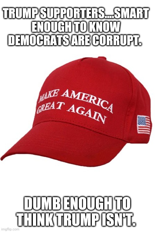 Maga dumb | TRUMP SUPPORTERS....SMART ENOUGH TO KNOW DEMOCRATS ARE CORRUPT. DUMB ENOUGH TO THINK TRUMP ISN'T. | image tagged in trump supporters,maga,donald trump,conservatives,republicans,joe biden | made w/ Imgflip meme maker