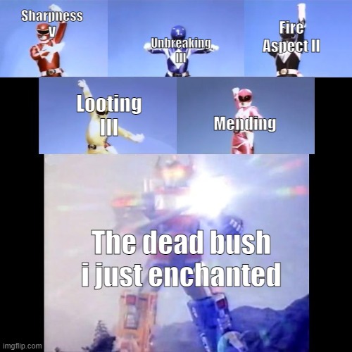 OP Item | Unbreaking III; Fire Aspect II; Sharpness V; Looting III; Mending; The dead bush i just enchanted | image tagged in megazord transformation | made w/ Imgflip meme maker