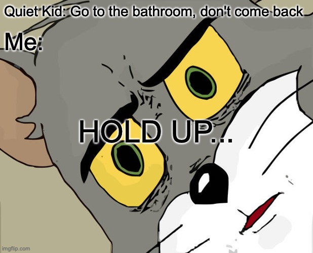 Unsettled Tom Meme | Quiet Kid: Go to the bathroom, don't come back; Me:; HOLD UP... | image tagged in memes,unsettled tom | made w/ Imgflip meme maker