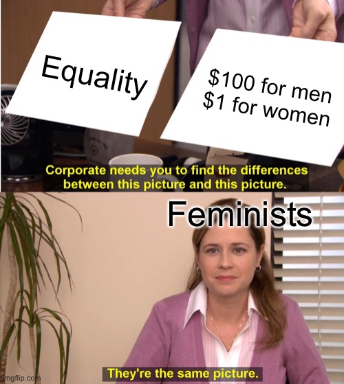 pretty much true lol | Equality; $100 for men
$1 for women; Feminists | image tagged in memes,they're the same picture,politics,feminism | made w/ Imgflip meme maker