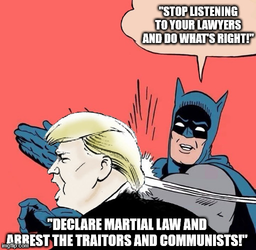 Is Trump going to lay down like a DOG or FIGHT like a MAN? | "STOP LISTENING TO YOUR LAWYERS AND DO WHAT'S RIGHT!"; "DECLARE MARTIAL LAW AND ARREST THE TRAITORS AND COMMUNISTS!" | image tagged in trump,biden,election | made w/ Imgflip meme maker