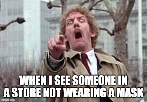 someone not wearing a mask | WHEN I SEE SOMEONE IN A STORE NOT WEARING A MASK | image tagged in invasion of the body snatchers | made w/ Imgflip meme maker