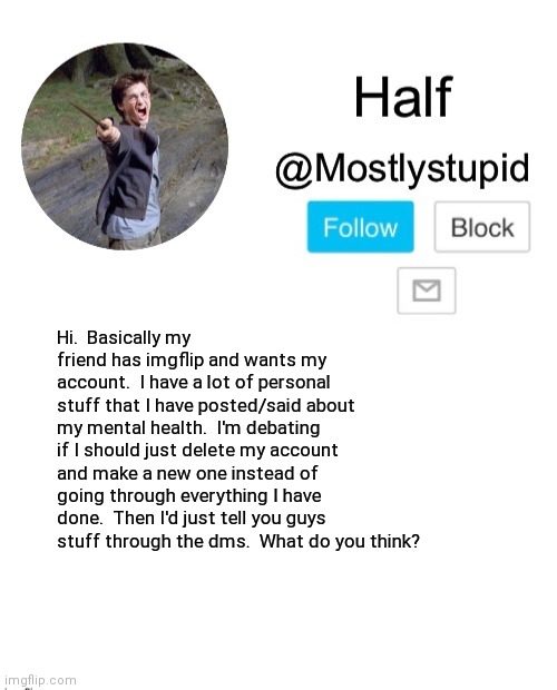 Mostlystupid template | Hi.  Basically my friend has imgflip and wants my account.  I have a lot of personal stuff that I have posted/said about my mental health.  I'm debating if I should just delete my account and make a new one instead of going through everything I have done.  Then I'd just tell you guys stuff through the dms.  What do you think? | image tagged in mostlystupid template | made w/ Imgflip meme maker