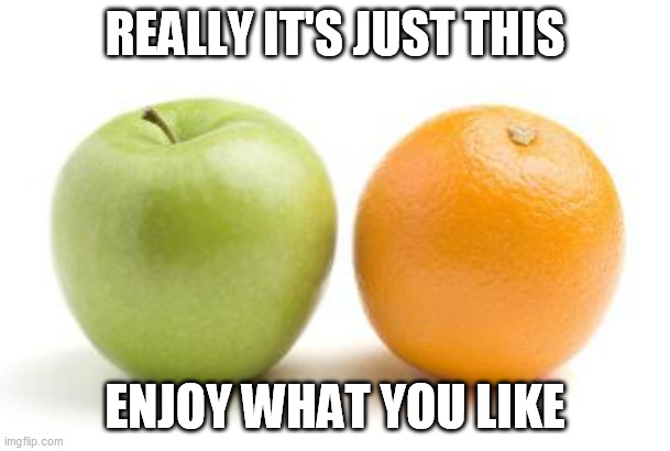 apples oranges compare difference | REALLY IT'S JUST THIS ENJOY WHAT YOU LIKE | image tagged in apples oranges compare difference | made w/ Imgflip meme maker