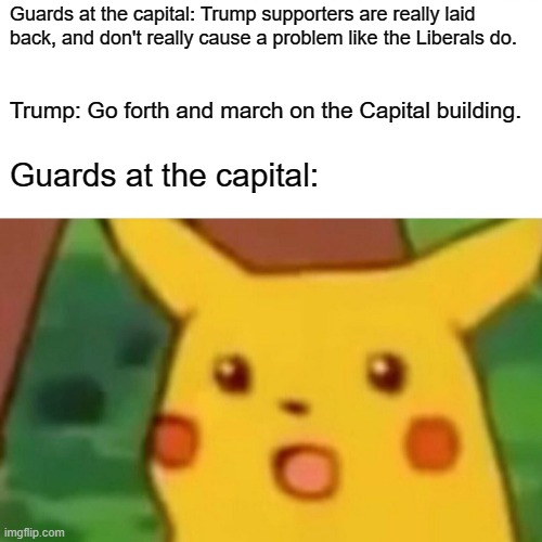 Big anime betrayal of all time | Guards at the capital: Trump supporters are really laid back, and don't really cause a problem like the Liberals do. Trump: Go forth and march on the Capital building. Guards at the capital: | image tagged in memes,surprised pikachu,capitol hill,liberals,sjw,donald trump | made w/ Imgflip meme maker