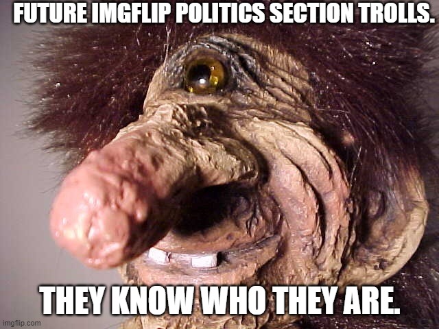 Political trolls are out there PAID BOTS beware | FUTURE IMGFLIP POLITICS SECTION TROLLS. THEY KNOW WHO THEY ARE. | image tagged in political revolution,politics suck | made w/ Imgflip meme maker