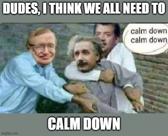 This is madness | DUDES, I THINK WE ALL NEED TO; CALM DOWN | image tagged in calm down albert einstein | made w/ Imgflip meme maker