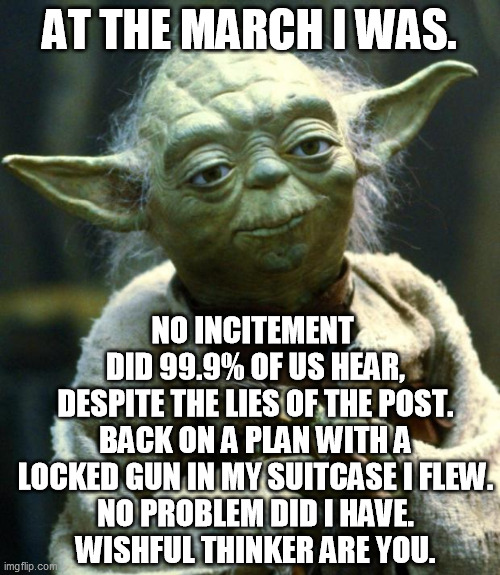 Star Wars Yoda Meme | AT THE MARCH I WAS. NO INCITEMENT 
DID 99.9% OF US HEAR,
DESPITE THE LIES OF THE POST.
BACK ON A PLAN WITH A
LOCKED GUN IN MY SUITCASE I FLE | image tagged in memes,star wars yoda | made w/ Imgflip meme maker