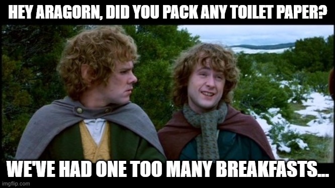 TP | HEY ARAGORN, DID YOU PACK ANY TOILET PAPER? WE'VE HAD ONE TOO MANY BREAKFASTS... | image tagged in pippin second breakfast | made w/ Imgflip meme maker