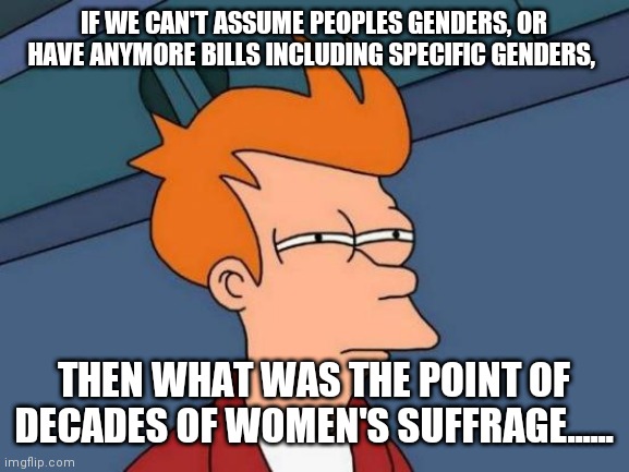 Just a question | IF WE CAN'T ASSUME PEOPLES GENDERS, OR HAVE ANYMORE BILLS INCLUDING SPECIFIC GENDERS, THEN WHAT WAS THE POINT OF DECADES OF WOMEN'S SUFFRAGE...... | image tagged in memes,futurama fry | made w/ Imgflip meme maker