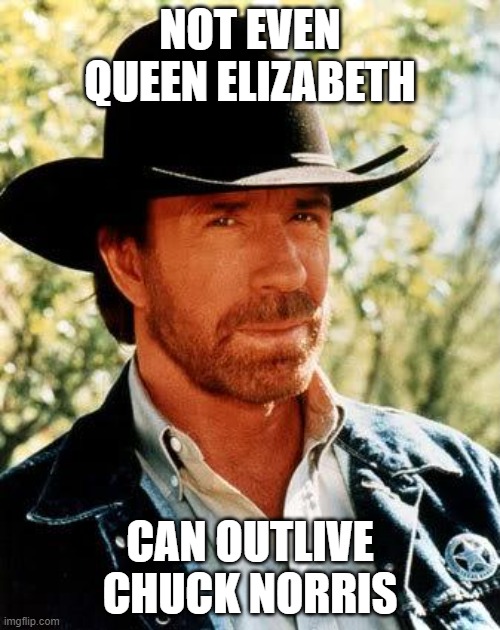 No one can outlive Chuck Norris! | NOT EVEN QUEEN ELIZABETH; CAN OUTLIVE CHUCK NORRIS | image tagged in memes,chuck norris,funny,queen elizabeth,immortal,stop reading the tags | made w/ Imgflip meme maker