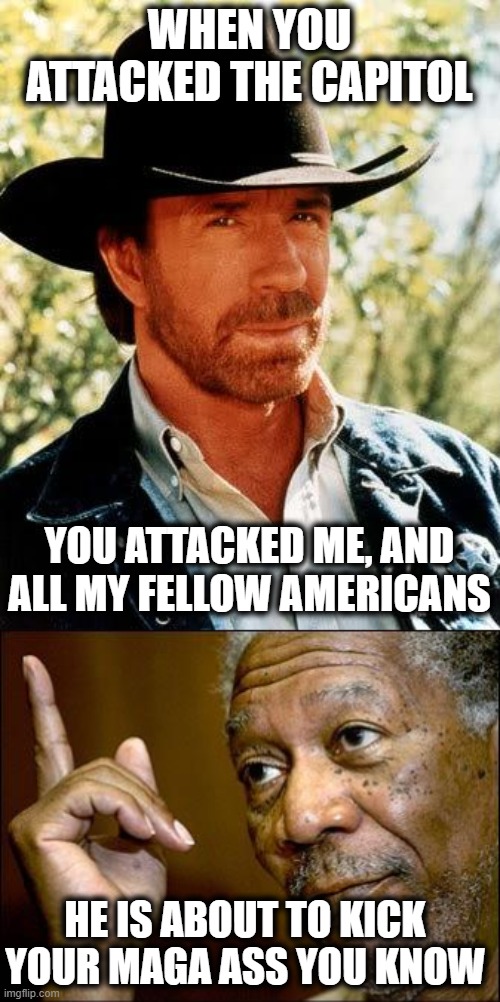 Chuck aint Happy | WHEN YOU ATTACKED THE CAPITOL; YOU ATTACKED ME, AND ALL MY FELLOW AMERICANS; HE IS ABOUT TO KICK YOUR MAGA ASS YOU KNOW | image tagged in memes,chuck norris,this morgan freeman,politics,treason,donald trump is an idiot | made w/ Imgflip meme maker