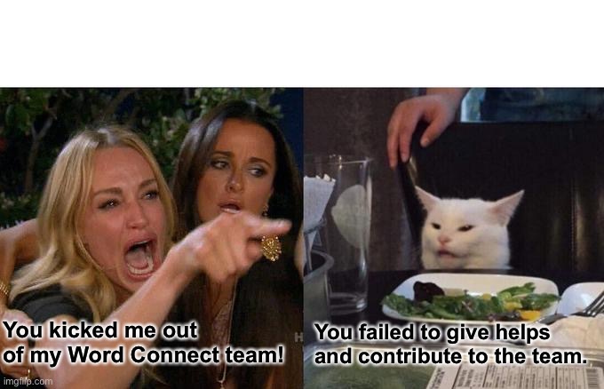 Woman Yelling At Cat | You kicked me out of my Word Connect team! You failed to give helps and contribute to the team. | image tagged in memes,woman yelling at cat | made w/ Imgflip meme maker