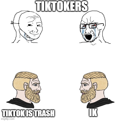 Crying Wojak / I Know Chad Meme | TIKTOKERS TIKTOK IS TRASH IK | image tagged in crying wojak / i know chad meme | made w/ Imgflip meme maker