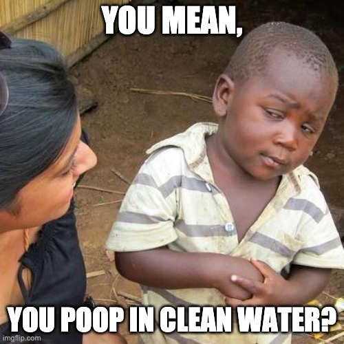 Third World Skeptical Kid | YOU MEAN, YOU POOP IN CLEAN WATER? | image tagged in memes,third world skeptical kid | made w/ Imgflip meme maker