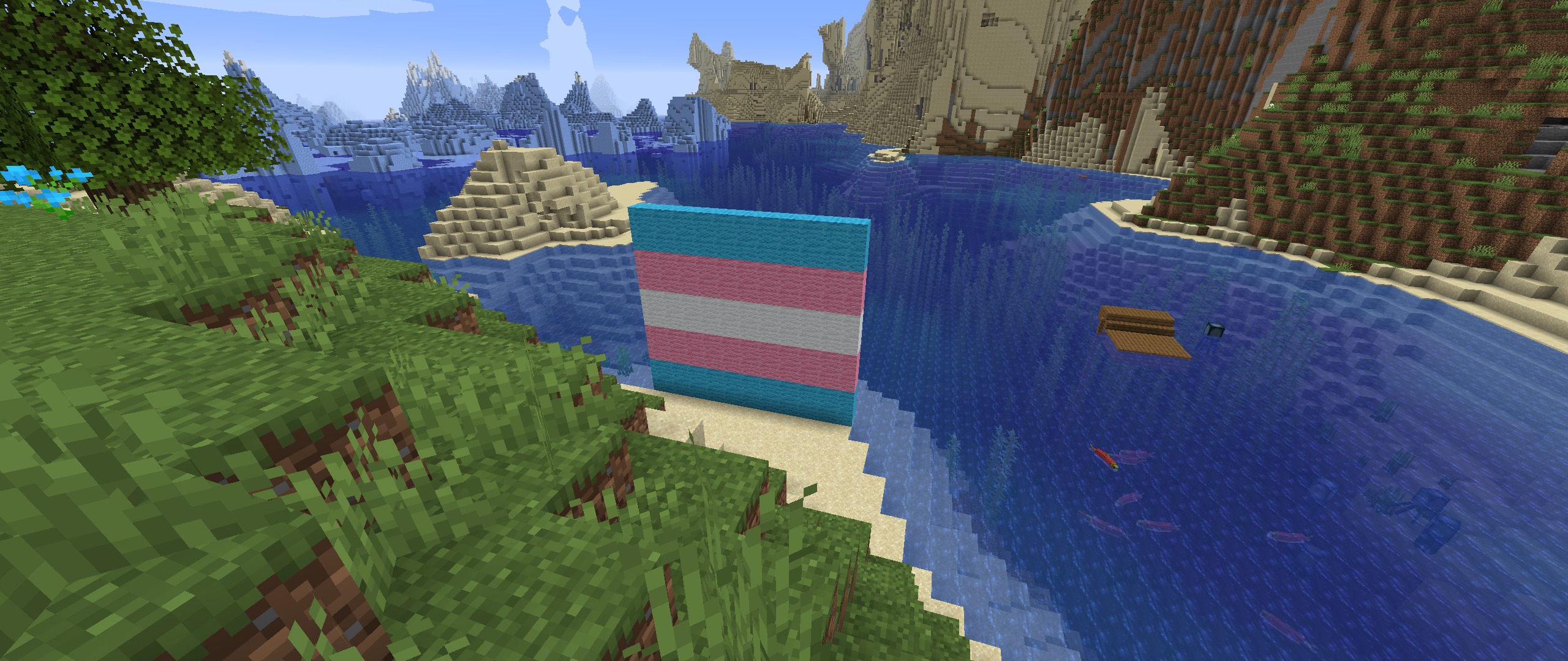 I know nobody asked but I made a trans flag in Minecraft about 1-2 days ago (as of making this post) | image tagged in minecraft | made w/ Imgflip meme maker