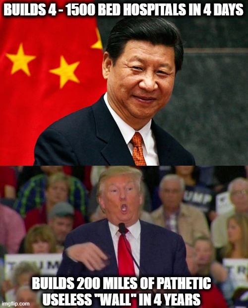 China wins, USA loses | BUILDS 4 - 1500 BED HOSPITALS IN 4 DAYS; BUILDS 200 MILES OF PATHETIC USELESS "WALL" IN 4 YEARS | image tagged in memes,politics,maga,donald trump is an idiot,lock him up,covid | made w/ Imgflip meme maker
