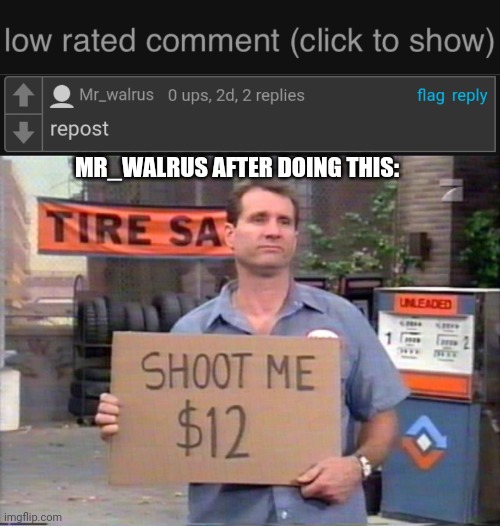 He regret his life lol | MR_WALRUS AFTER DOING THIS: | image tagged in low rated comment dark mode version,shoot me,repost | made w/ Imgflip meme maker