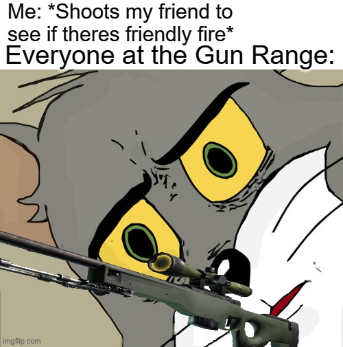 Unsettled Tom Meme | Me: *Shoots my friend to see if theres friendly fire*; Everyone at the Gun Range: | image tagged in memes,unsettled tom | made w/ Imgflip meme maker
