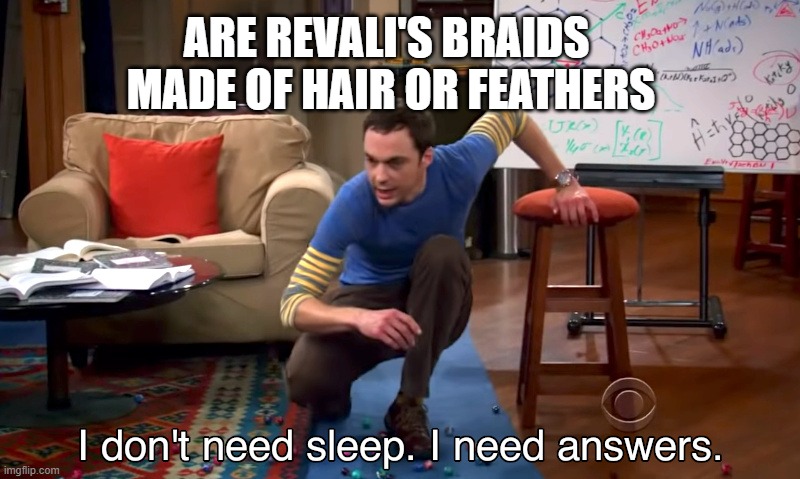 i need answers | ARE REVALI'S BRAIDS  MADE OF HAIR OR FEATHERS | image tagged in i need answers | made w/ Imgflip meme maker