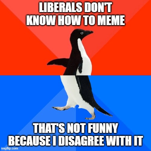 Conservatives can't laugh at themselves but they're great at laughing at others. | LIBERALS DON'T KNOW HOW TO MEME; THAT'S NOT FUNNY BECAUSE I DISAGREE WITH IT | image tagged in memes,socially awesome awkward penguin,liberals,disagree,not funny | made w/ Imgflip meme maker