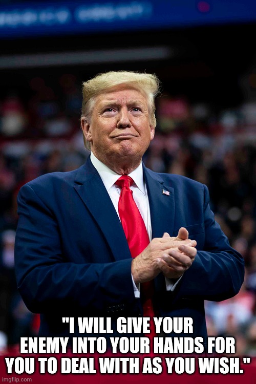 Enemy trump | "I WILL GIVE YOUR ENEMY INTO YOUR HANDS FOR YOU TO DEAL WITH AS YOU WISH." | image tagged in trump,sampsin,guilty,enemy,evil,2020 | made w/ Imgflip meme maker