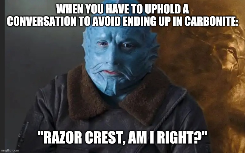 WHEN YOU HAVE TO UPHOLD A CONVERSATION TO AVOID ENDING UP IN CARBONITE:; "RAZOR CREST, AM I RIGHT?" | image tagged in star wars,the mandalorian | made w/ Imgflip meme maker