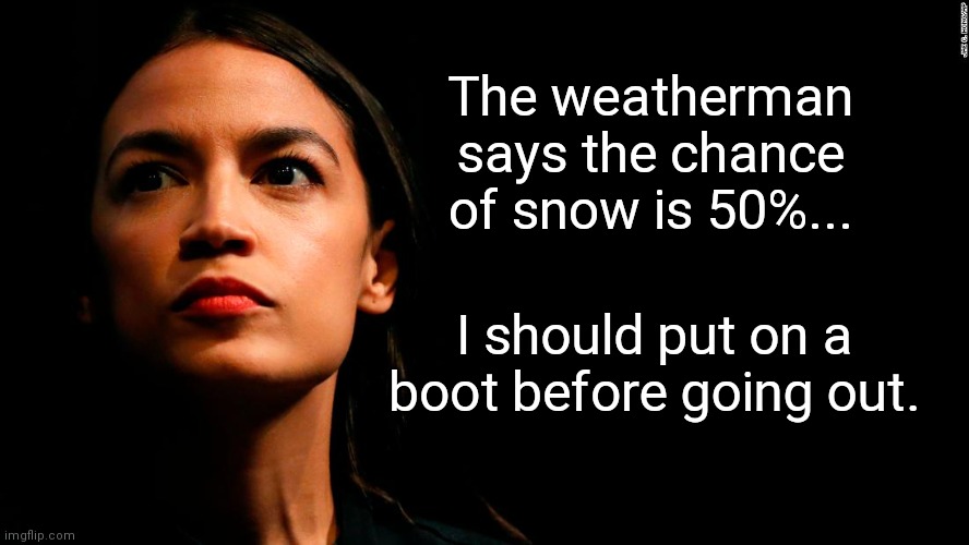 AOC faces winter weather | The weatherman says the chance of snow is 50%... I should put on a boot before going out. | image tagged in ocasio-cortez super genius,aoc,alexandria ocasio-cortez,humor | made w/ Imgflip meme maker