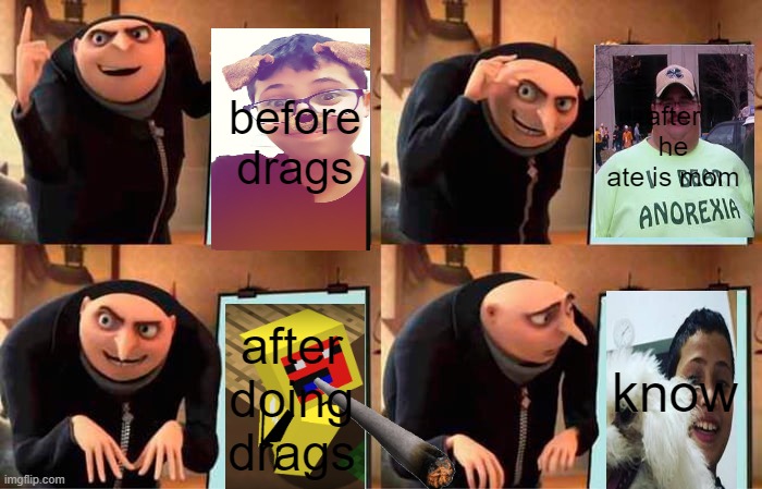 Gru's Plan Meme | before drags; after he ate is mom; know; after doing drags | image tagged in memes,gru's plan | made w/ Imgflip meme maker