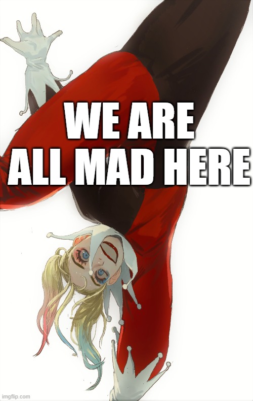  WE ARE ALL MAD HERE | image tagged in mad,harley quinn | made w/ Imgflip meme maker