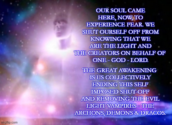 We're finished experiencing fear | OUR SOUL CAME HERE, NOW, TO EXPERIENCE FEAR. WE SHUT OURSELF OFF FROM KNOWING THAT WE ARE THE LIGHT AND THE CREATORS ON BEHALF OF 
ONE - GOD - LORD. THE GREAT AWAKENING 
IS US COLLECTIVELY ENDING THIS SELF IMPOSED SHUT-OFF AND REMOVING THE EVIL LIGHT VAMPIRES - THE ARCHONS, DEMONS & DRACOS. | image tagged in no more fear,the great awakening,god,you are the light,2021 | made w/ Imgflip meme maker