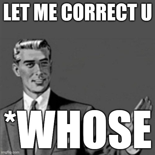 Correction guy | LET ME CORRECT U; *WHOSE | image tagged in correction guy,memes | made w/ Imgflip meme maker
