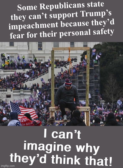 I wonder why they’d feel threatened by MAGA-related political violence | Some Republicans state they can’t support Trump’s impeachment because they’d fear for their personal safety; I can’t imagine why they’d think that! | image tagged in capitol hill riot gallows,capitol hill,riot,maga,trump impeachment,impeachment | made w/ Imgflip meme maker
