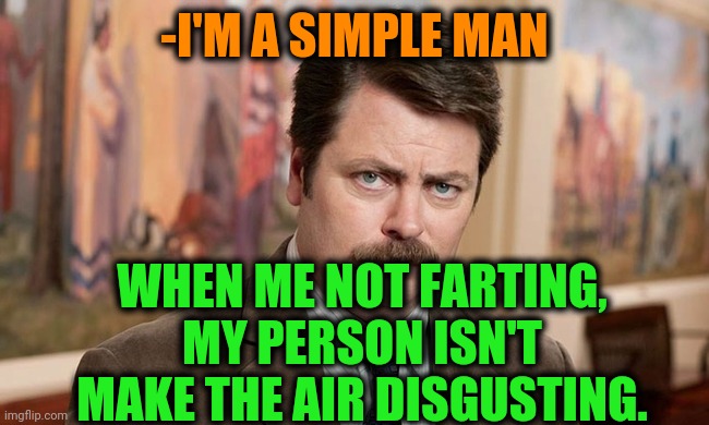 -Trying material. | -I'M A SIMPLE MAN; WHEN ME NOT FARTING, MY PERSON ISN'T MAKE THE AIR DISGUSTING. | image tagged in i'm a simple man,air force,disgusted face,fart jokes,ron swanson,that moment when | made w/ Imgflip meme maker