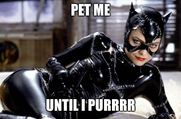 catwoman | PET ME UNTIL I PURRRR | image tagged in catwoman | made w/ Imgflip meme maker