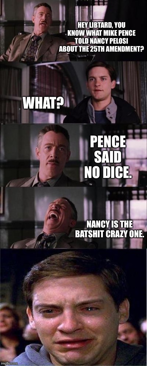 Nice try, Crazy Nancy | HEY LIBTARD, YOU KNOW WHAT MIKE PENCE TOLD NANCY PELOSI ABOUT THE 25TH AMENDMENT? WHAT? PENCE SAID NO DICE. NANCY IS THE BATSHIT CRAZY ONE. | image tagged in memes,peter parker cry,nancy pelosi,mike pence,donald trump,crazy lady | made w/ Imgflip meme maker